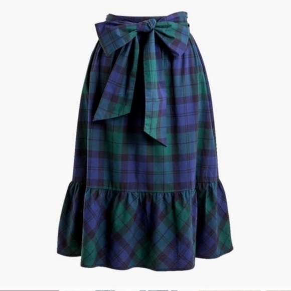 J. CREW Green Tartan Plaid‎ Bow Waist Midi Skirt size 2 Christmas holiday - Picture 4 of 10